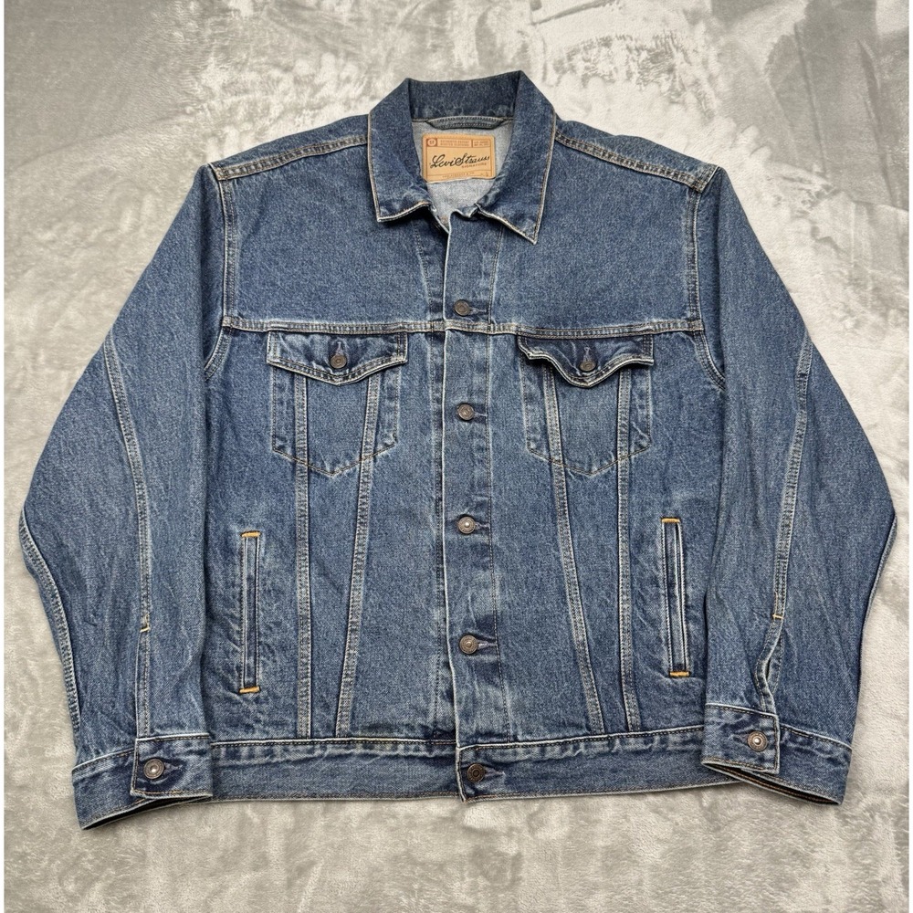 Levis Denim Jacket Mens XL Blue Button Jean Overcoat Trucker Distressed Work